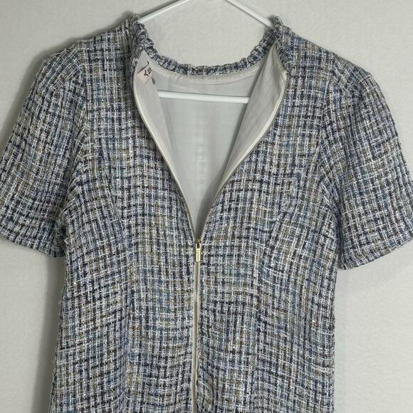 Nanette Lepore Size 6 Tweed Dress Blue Multicolor Metallic Short Sleeve Zip Back - Picture 9 of 9